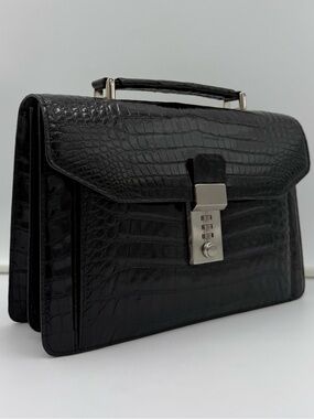 🐊JAPAN • Unisex Black Exotic Genuine CROCODILE w/ Silver Pochette 26 Clutch Bag